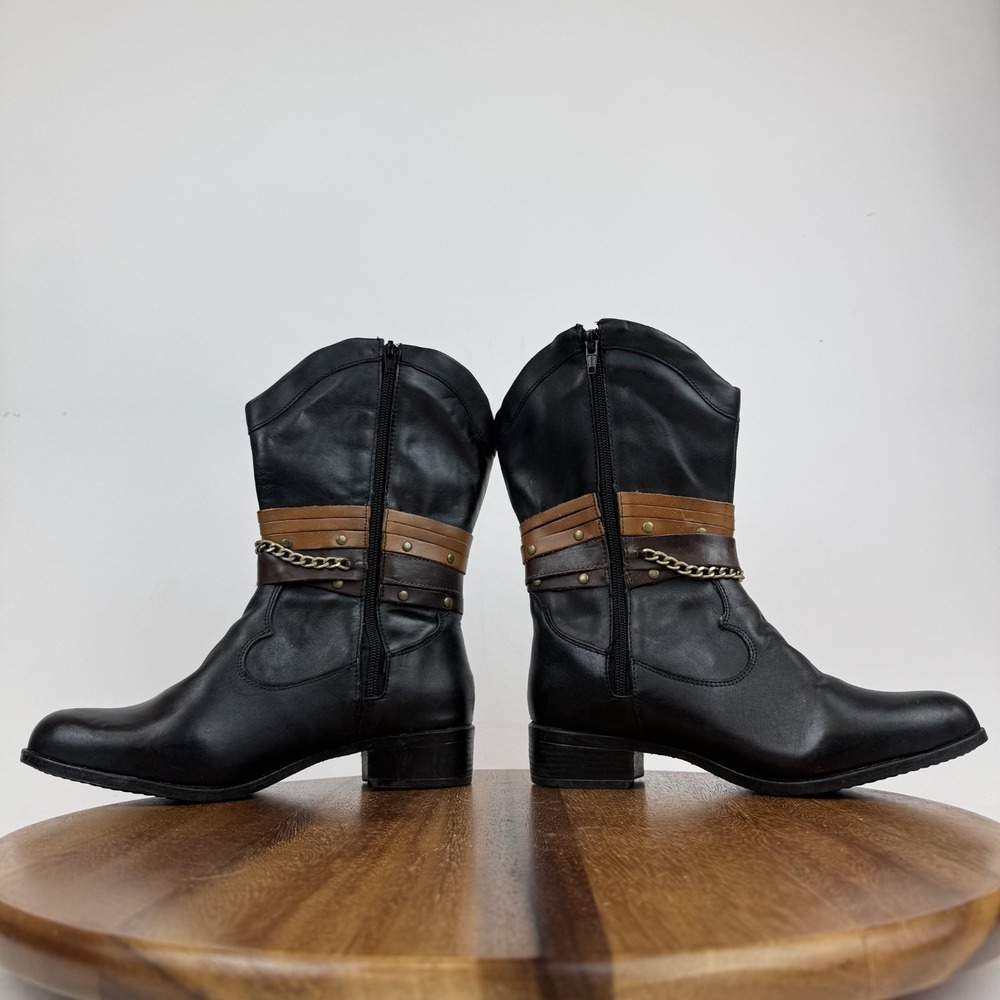 Womens Sandro Moscoloni Robin Belted Black Leather Cowboy Boots Size 7 M GUC - Picture 6 of 9